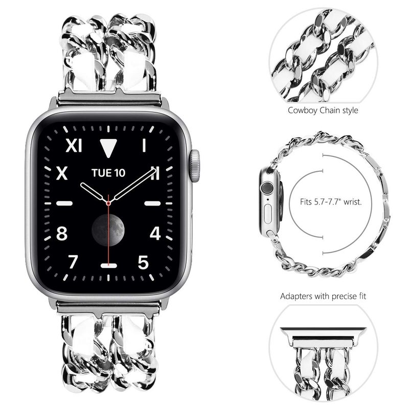 NewWays for Apple Watch Band Series 10 46mm 45mm 44mm 42mm Series3 4 5 6 7 8 9 Ultra 49mm, Jewelry Bracelet for iWatch Band for Women, Silver Link with White Leather - Image 2